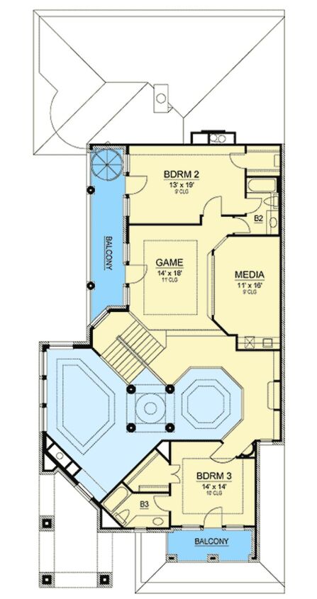 Source: "Plan 36571TX Zero Lot Line Starter Castle Plan" by Architectural Designs (Second Floor)