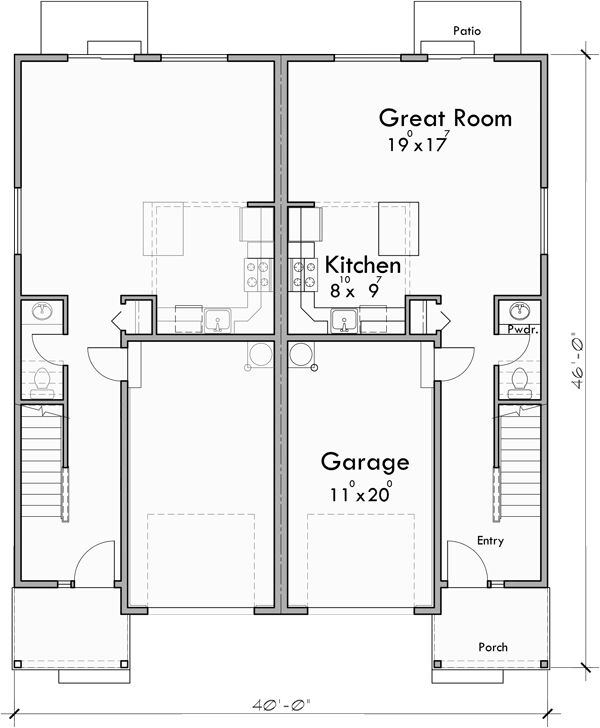 Source: "Duplex house plan zero lot line townhouse D-637" by Houseplans.pro (First Floor)