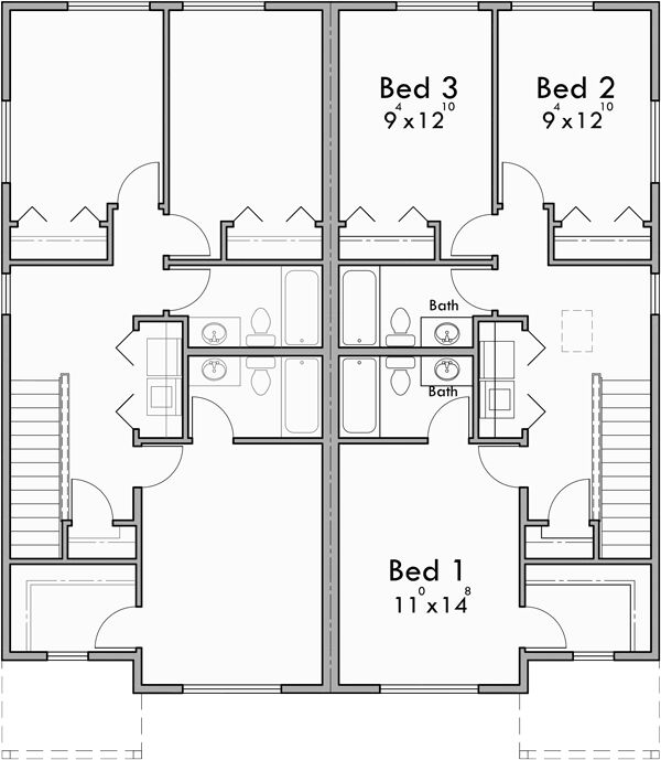 Source: "Duplex house plan zero lot line townhouse D-637" by Houseplans.pro (Second Floor)